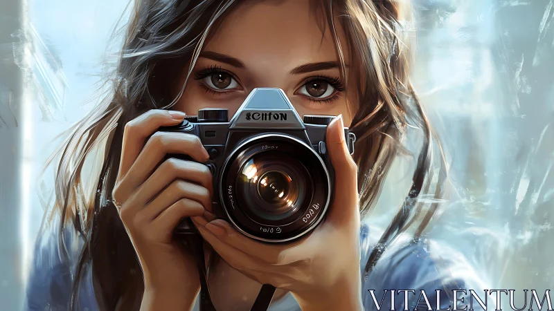 Curious young photographer meeting your gaze through lens.