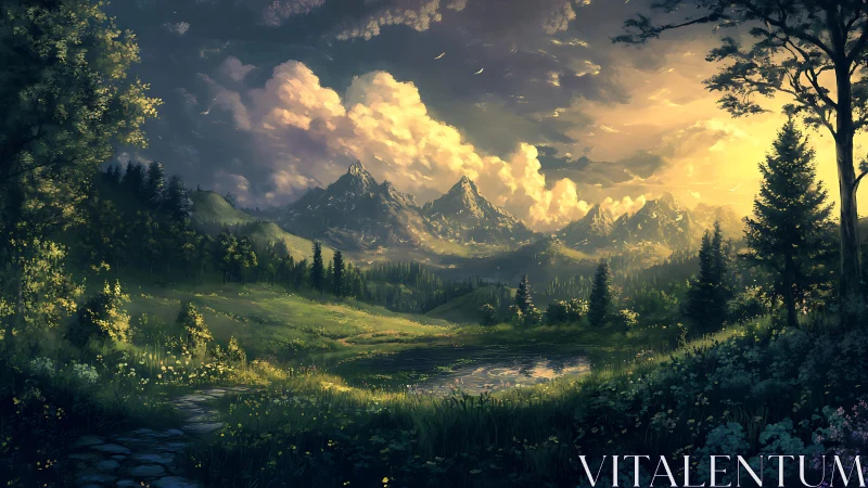 Mountain valley landscape under dramatic sunset light.