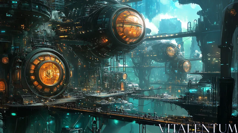 Orbital industrial megastructure with glowing reactor pods