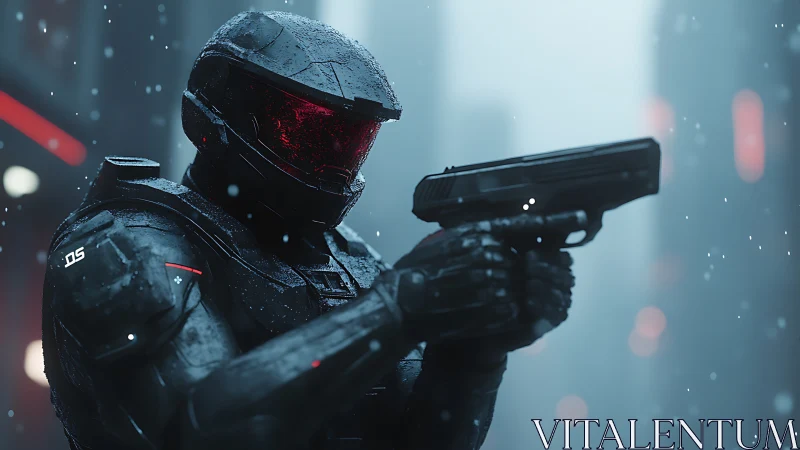 Rain-soaked cyber soldier aiming pistol in neon haze.