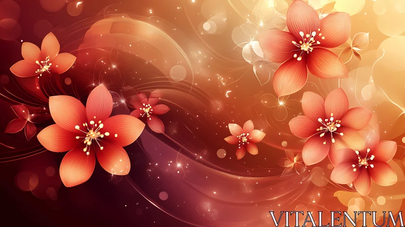 Red and Coral Flowers in Golden Light.