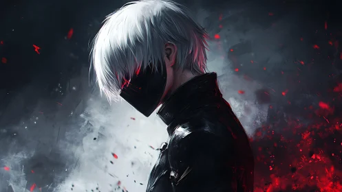 Masked white-haired antihero in red and black stormscape.
