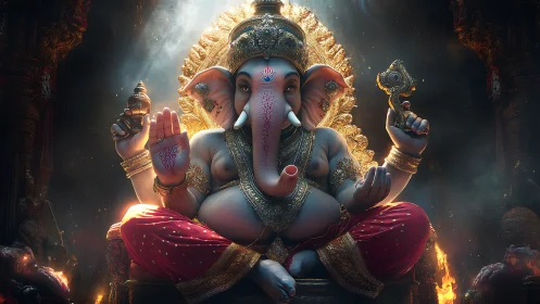 Digital painting of ornate Ganesha idol with radiant backlight.
