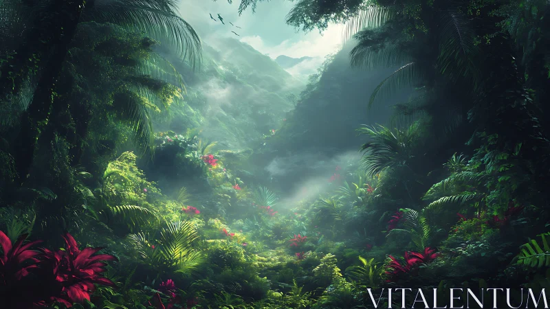 Misty tropical valley with luminous vegetation and distant mountains