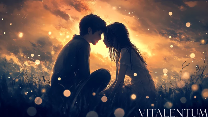 Two figures share an intimate moment beneath golden luminescence in field.