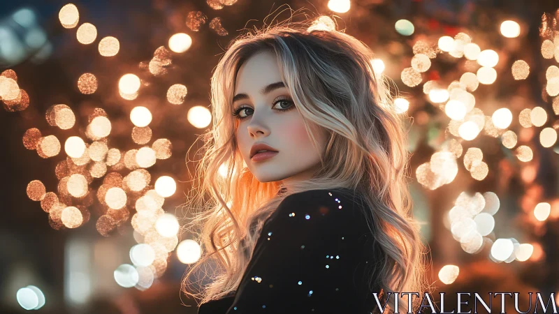 Blonde woman in sequined dress against blurred evening lights.