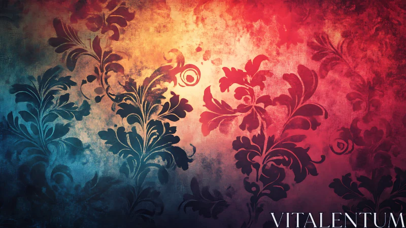 Floral damask silhouettes over warm red blue gradient canvas.