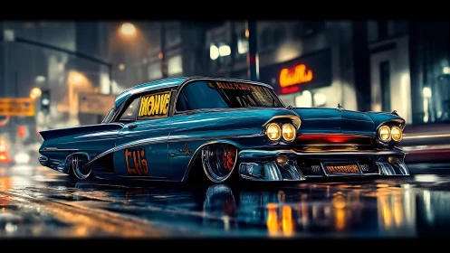 Retro lowrider muscle car on neon wet city street at night.