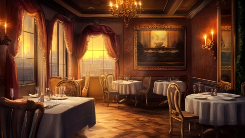 Interior view shows formal dining room lit by sunset window