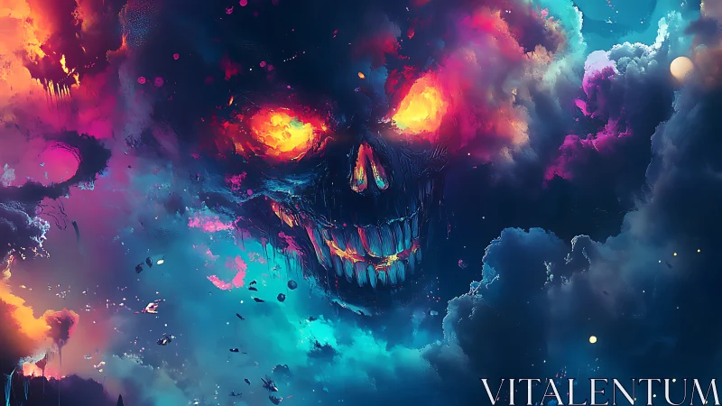 Fiery cosmic skull emerging through neon storm clouds.