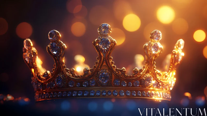 Jeweled gold crown glows under warm cinematic bokeh light.