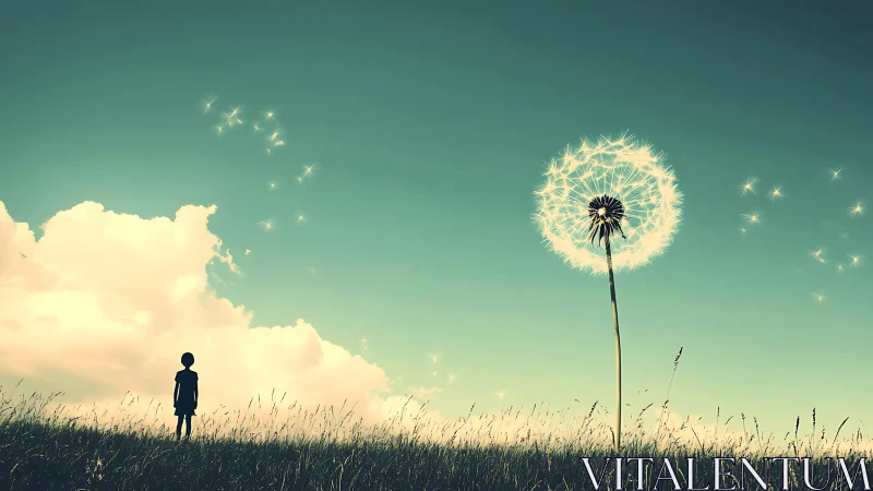 Child gazes at glowing dandelion beneath a pastel sky.