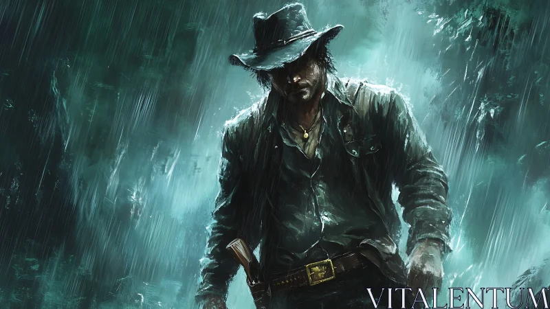 Solitary cowboy figure in heavy rain, digital artwork depiction.