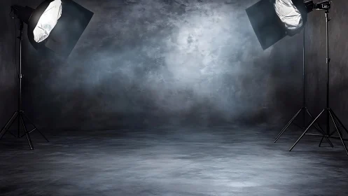 Empty studio stage waits while softboxes rehearse the light