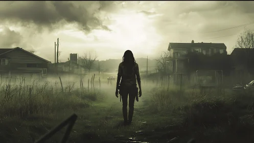 Lone survivor walks through foggy abandoned suburb street.