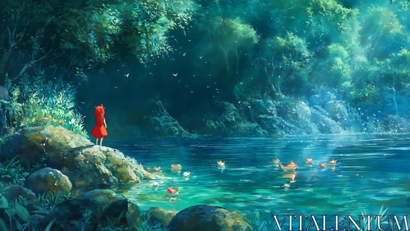 Solitary child in red observing paper boats on forest lake.