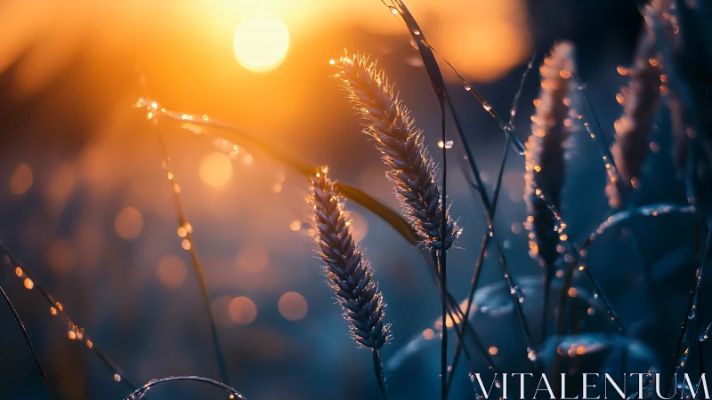 Backlit dew-drenched grasses in shallow-depth optical bokeh field.