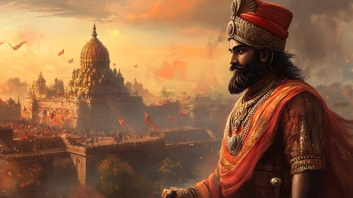 Regal warrior overseeing fortified temple city at dusk.