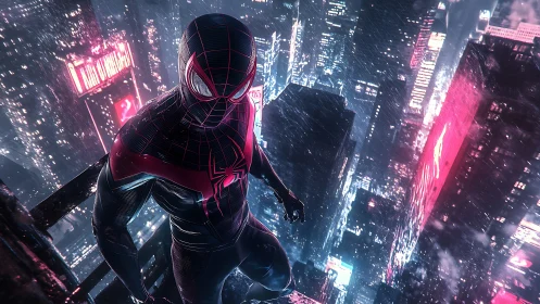 Spider-themed masked figure on ledge above neon cityscape.
