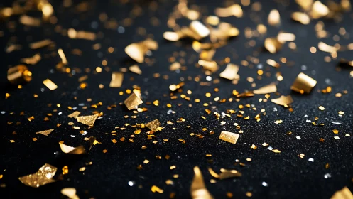 Golden confetti sparkles across deep matte black surface.