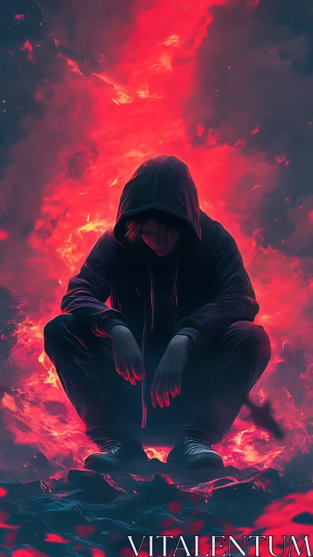Hooded figure crouched in front of intense red digital flames