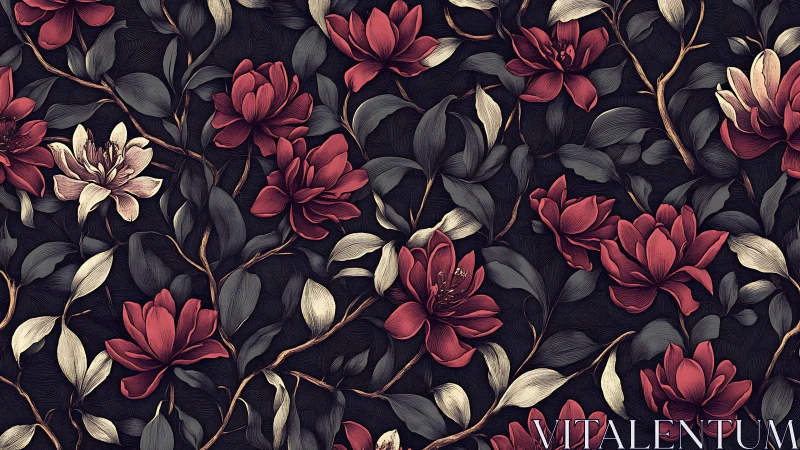 Botanical Floral Pattern with Deep Burgundy Blooms.