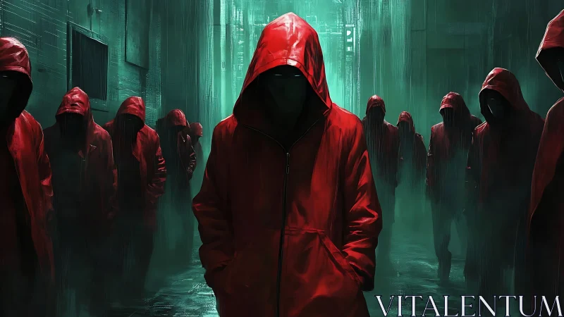 Hooded figures in red coats advance through misted alley