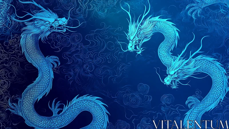 Two blue Chinese dragons twist across dark blue background