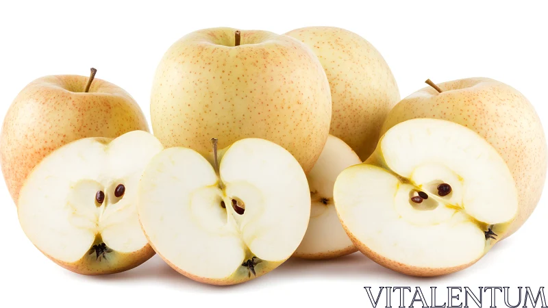 Whole and sliced Asian pears arranged on white background.