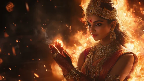 Fire crowned goddess in ember-lit devotion and molten grace.