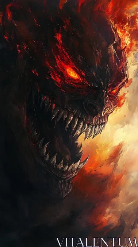 Fiery demonic titan roars from swirling smoke and flame
