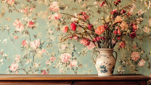 Baroque Floral Arrangement Against Chinoiserie Wallpaper