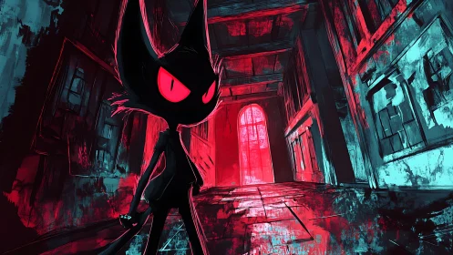 Sinister cat silhouette in neon lit abandoned hallways.