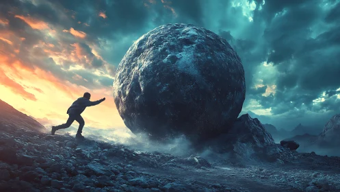 Solitary figure pushes colossal boulder under stormlit sky