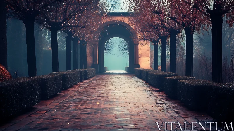 Brick garden walkway with archway under bare trees.
