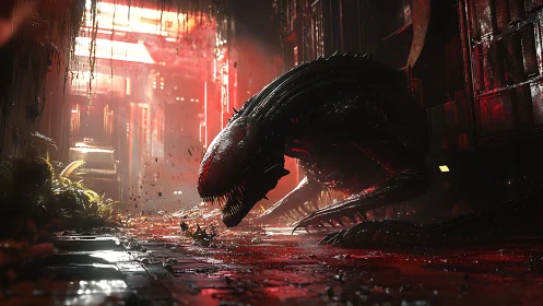 Night-stalking alien creature waits in a glowing red corridor