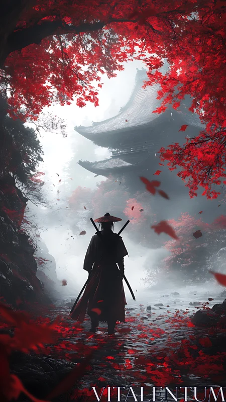 Lone samurai walks toward misty temple under crimson maples