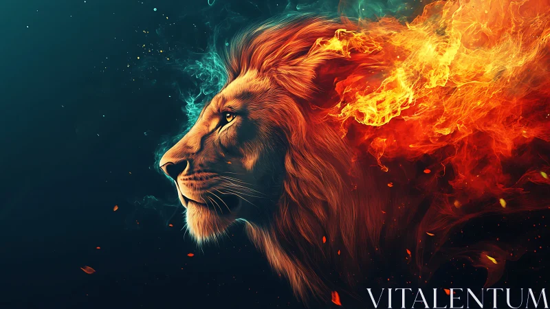 Fiery digital lion profile merges mane with abstract flames