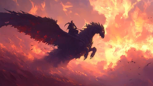 Skyborne war rider on shadow dragon at burning dusk.