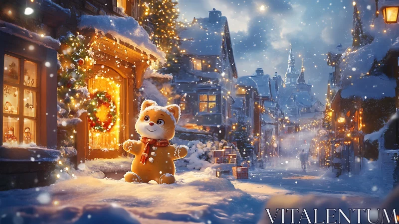 Cheerful plush kitten welcomes a cozy snowy Christmas street