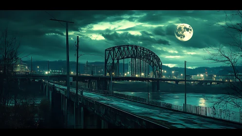 Cyan nocturne bridgescape under cinematic lunar backlight.
