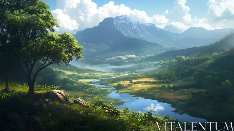 Sunlit mountain valley opens around a calm reflective river