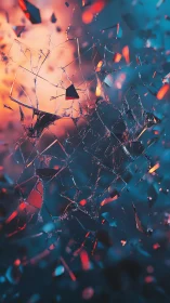 Shattered glass fragments in vivid red and teal light.