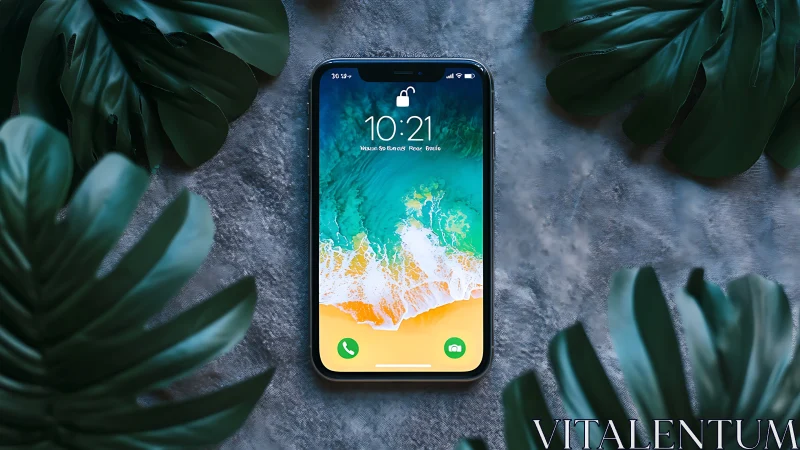 Digital Shoreline: iPhone Blooms Among Emerald Leaves.