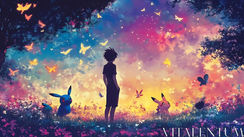 Backlit meadow scene renders silhouetted figure with luminous fauna