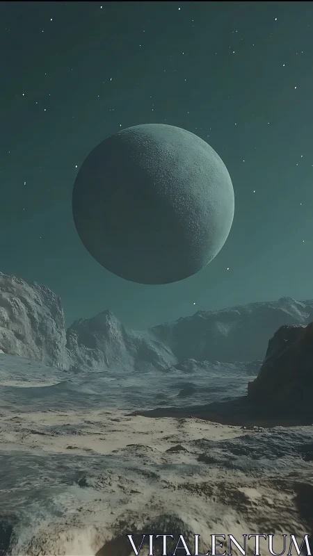 Digital painting of lunar sphere over glacial alien valley.