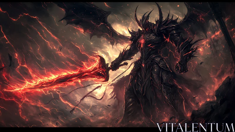 Infernal armored demon wields blazing greatsword in storm