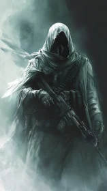 Ghost sniper stalks frozen battlefield in spectral fog.