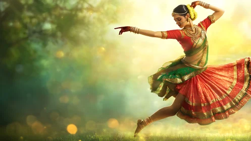 Graceful classical dancer spins through golden forest light