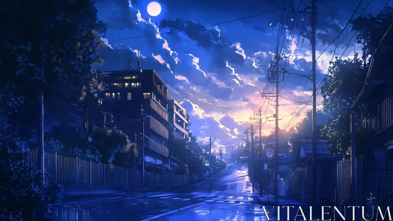 Anime nocturne streetscape with luminous twilight sky layering.